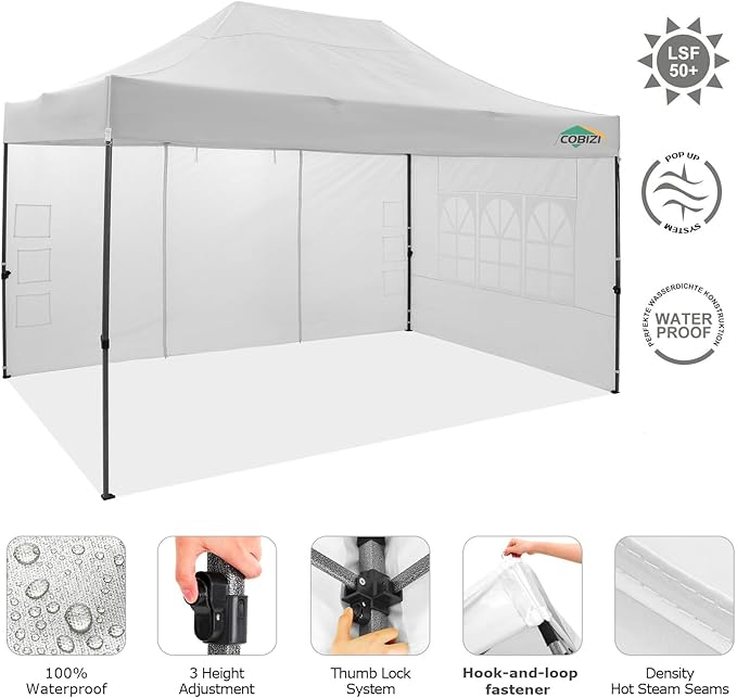 COBIZI 10x15 Pop Up Canopy with 4 Sidewall,Heavy Duty Canopy UPF 50+ All Season Wind Waterproof Commercial Outdoor Wedding Party Tents for Parties Gazebo with Carry Bag(10 x 15 ft White)