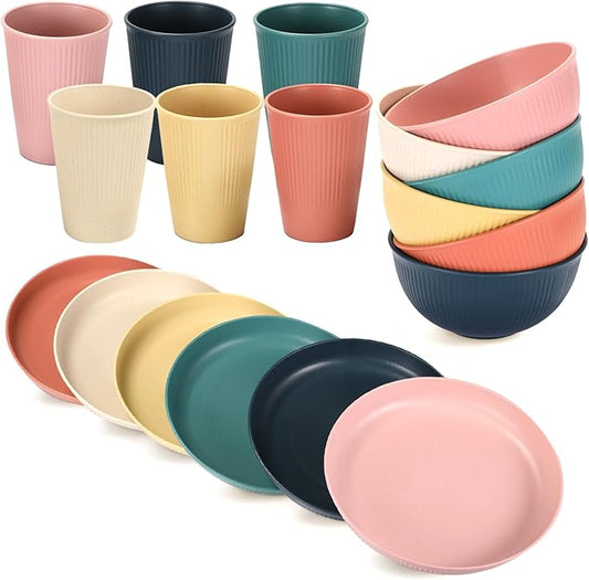 18PCS Wheat Straw Dinnerware Sets Unbreakable Dinnerware Sets Reusable Cups Plates and Bowls Sets Microwave Dinnerware Set for Kitchen Travel Camping