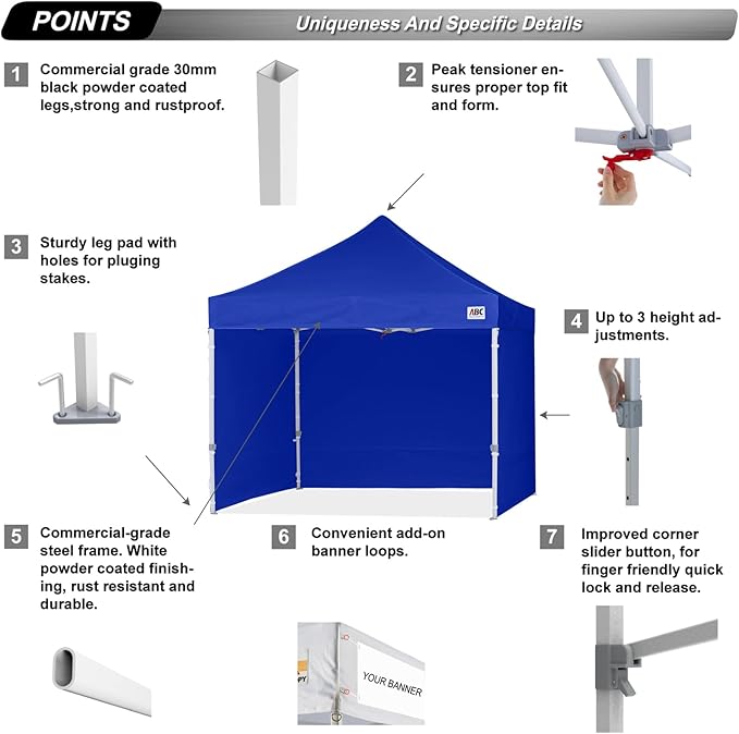 ABCCANOPY Easy Pop Up Canopy Tent with Sidewalls 10x10 Commercial -Series, Royal Blue