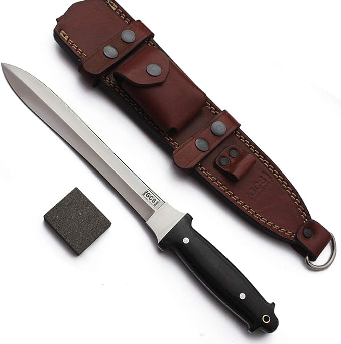 GCS Handmade Survival Tactical Hunting Black G10 Handle with Brown Leather Right or Left Hand Horizontal Fixed Blade Knife Sheath & Sharpening Stone GCS231