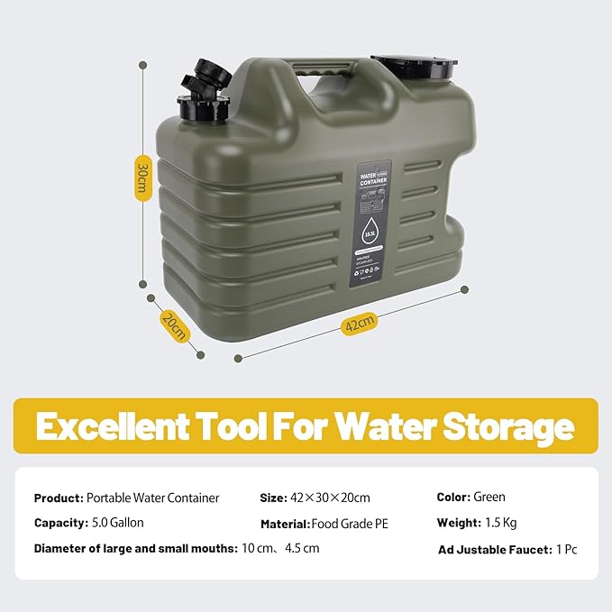 Camping Water Container, 5 Gallon (18.5L) Camping Water Jug With Spigot, Portable Emergency Water Tank For Camp-ing, Outdoor Hiking, BBQ, Picnic, Emergency Stroage, BPA Free