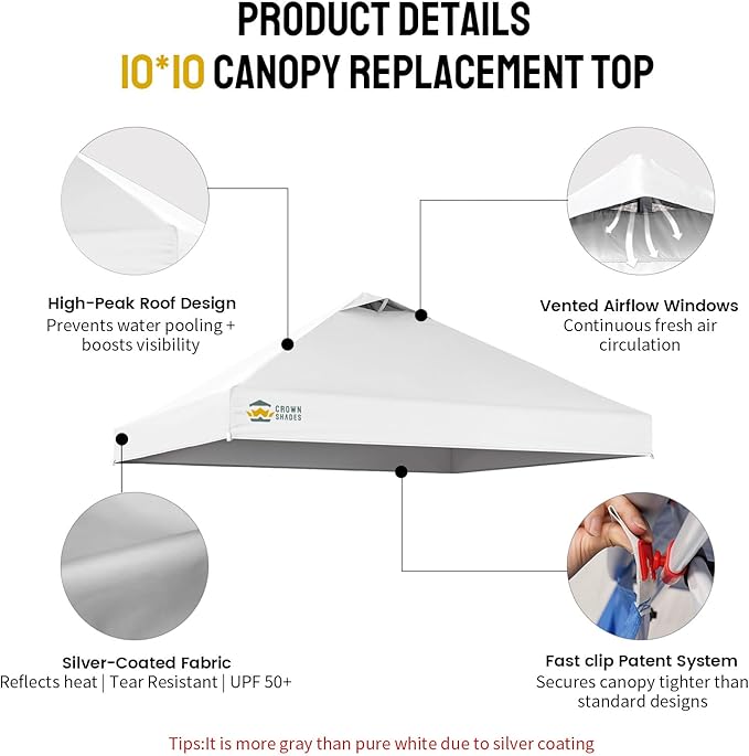 CROWN SHADES 10x10 Canopy Replacement Top - Only Compatible with Crown Shades RM100H Series, Silver Coated with Air Vent, White (Top Only)