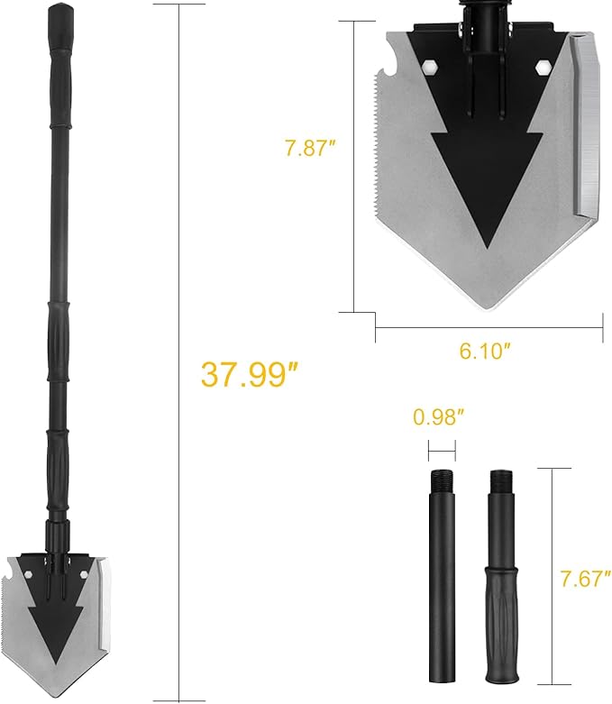 Camping Shovel 38'', with Pickaxe, Survival Folding Spade, Tactical Heavyduty Multitool, Military Compact Shovel for Off-Roading, Entrenching, Car Emergency, Outdoor