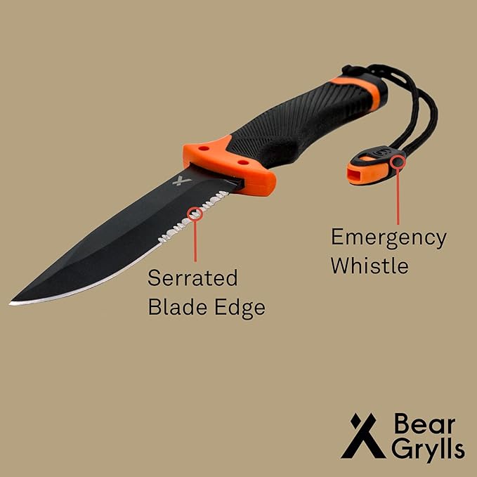 Ultimate Knife - Fixed Blade Knife, Full Tang with Serrated Edge, Fire Striking Edge, and Emergency Whistle, Includes Sheath - 4.75” Blade, Stainless Steel Blade, Black
