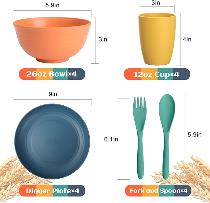 Wheat Straw Dinnerware Sets for 4 | Unbreakable Kids Plates and Bowls Sets 20 PCS, Alternatives to Plastic Dishes, Camping Dishes, Dishwasher & Microwave Safe Dorm Dish Sets (Multicolor)