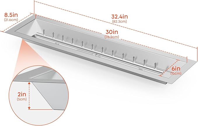 Stanbroil 30" x 6" Linear Drop-in Fire Pit Pan with Upgrade Jet Burner, Natural Gas or Propane Fire Pit for Outside, 54K BTU Max, Higher Flame