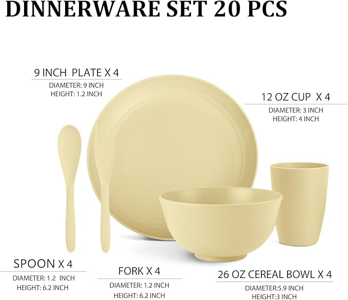 Kitchen Wheat Straw Dinnerware Sets for 4, Unbreakable Dish Set 20-Piece - Dinner Plate/Cereal Bowl/Cup/Fork/Spoon, for Outdoor Camping, RV, Apartment Essentials - Beige