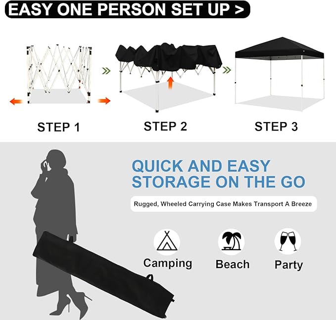 Northroad 8X8 FT Pop Up Canopy, Outdoor Instant Canopy Tent Slant Legs with Carrying Bag, Portable Gazebo Shelter for Wedding Party,Commercial Event,Patio,Garden,Beach -Black