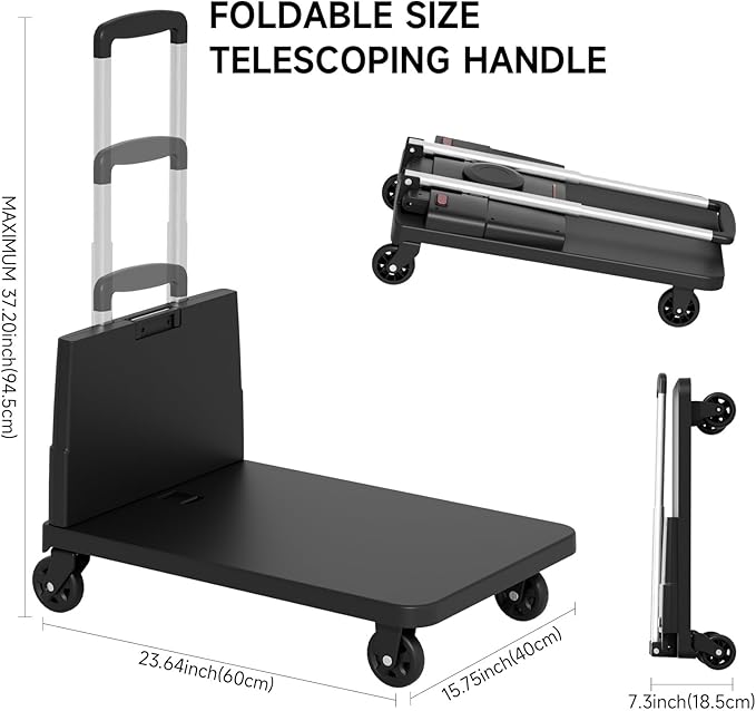 Folding Trolley for Moving, 330 lbs Heavy Duty Luggage,4 Wheel Foldable,Expandable Platform with Bungee Cord, Portable Moving Utility Carts Cart Utility Carts Trolley Cart, (Black, L)