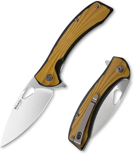 SHAN ZU Pocket Knife 3.2 in, Powder Steel Blade EDC Folding Knife for Men & Women, Utility Survival Knife with G10 Handle & Pocket Clip for Camping Fishing Hiking Hunting - Tan