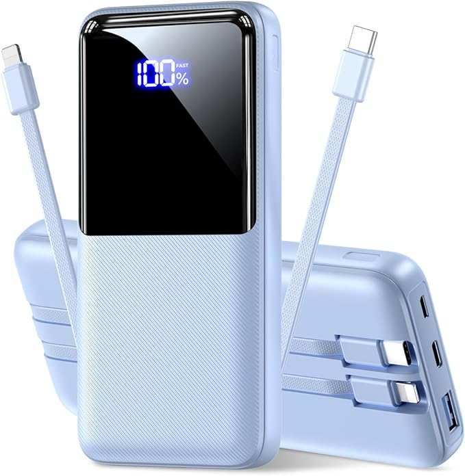 Portable Charger Power Bank - 20000mAh Fast Charging Portable Battery Pack with Built in USB-C(22.5W) and iOS(20W) Output Cables Compatible with iPhone Android Samsung Phone etc (1 Pack, Blue)