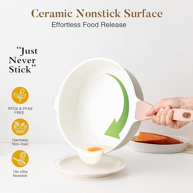 Nonstick Ceramic Deep Frying Pan, 11 Inch Non Toxic Skillet with Lid, Healthy Jumbo Cooker, Saute Pan for Cooking, Induction Cookware, PFOA & PFAS Free (Cream)