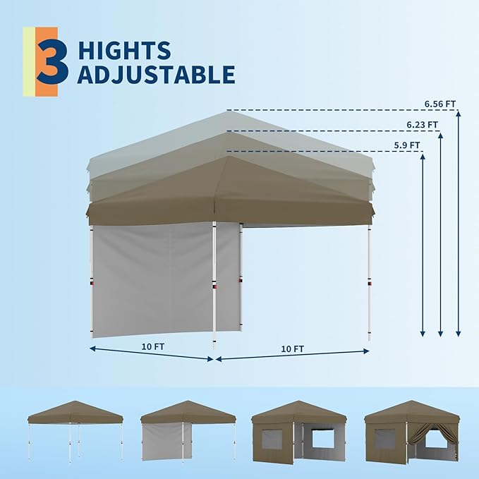 10x10 Pop Up Canopy Tent Outdoor Canopy with 1 Removable Sidewall One-Person Set Up Heavy Duty Commercial Instant Tent Shelter-Brown