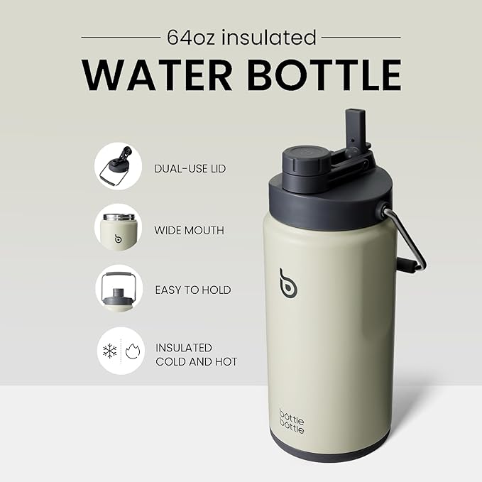 BOTTLE BOTTLE Insulated Water Bottle 64 oz with Straw and Dual-use Lid Half Gallon Water Jug Vacuum Stainless Steel for Workout Sports Insulated Beer Growler with Handle and Pills Holder Gray