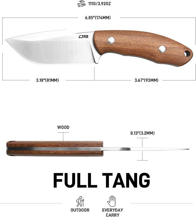 CJRB Mutt Fixed Blade Knife, 3.18" AR-RPM9 Steel Blade EDC Camping Knife with Wood Handle, Full Tang Hunting Survival Knives with Sheath, J1958 WD
