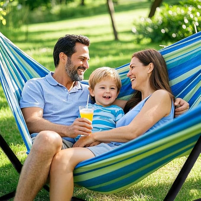 Double Hammock with Stand, 2 Person Hammock with Carrying Bag,Heavy Duty Portable,500 lb Capacity, Perfect for Both Indoors and Outdoors,Ocean Breeze