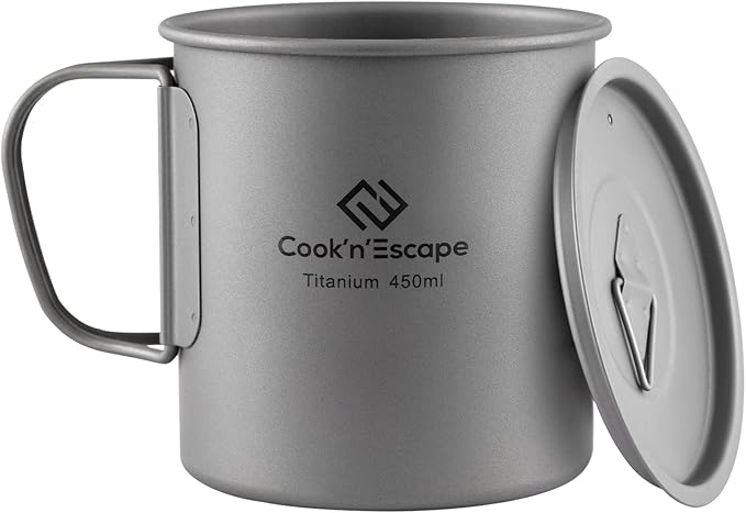 COOK'N'ESCAPE 450ml Camping Mug, Small Titanium Cup with Lightweight Backpacking Coffee Mug Foldable Handle for Outdoor Hiking Picnic Open Fire Cooking