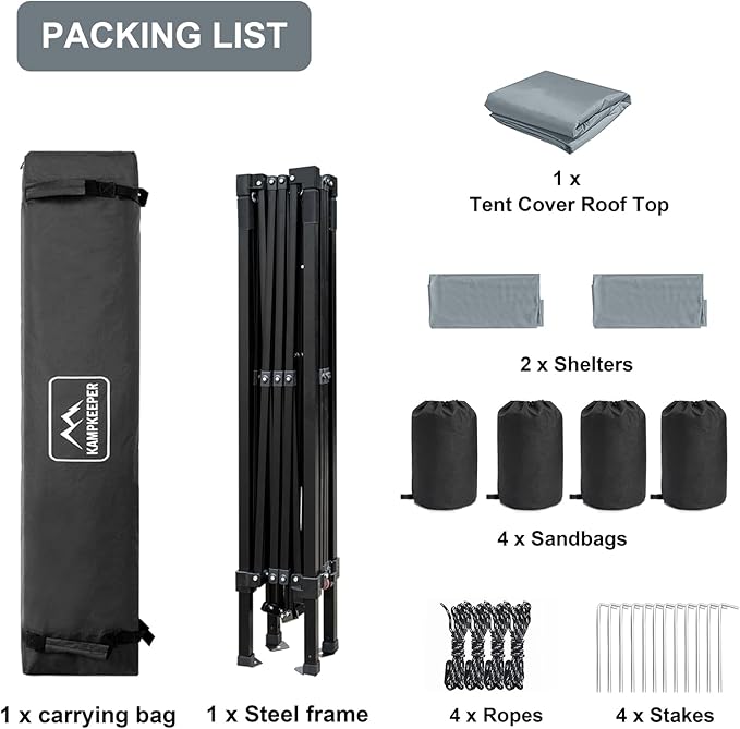 KAMPKEEPER 10x10 Pop Up Canopy Tent with 2 Sidewalls, Beach Tent - Easy Outdoor Sun Shade for Events, Parties, Camping - Gazebo with 4 Weight Bags & Carry Bag.(Grey)