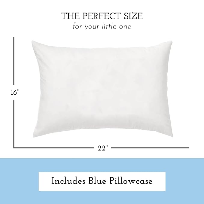 Little Sleepy Head Youth Pillow with Pillowcase 16x22, Soft Jumbo Toddler Pillow, Best Kids Travel Pillow (Blue)