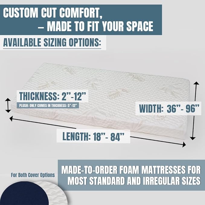 Foamma Custom Mattress - High-Density Foam Pad & Cushion for Beds & DIY Projects - Polyurethane Upholstery with Quilted or Water-Resistant Cover, Mid Firm or Firm, Optional Gel Memory Foam Add-On