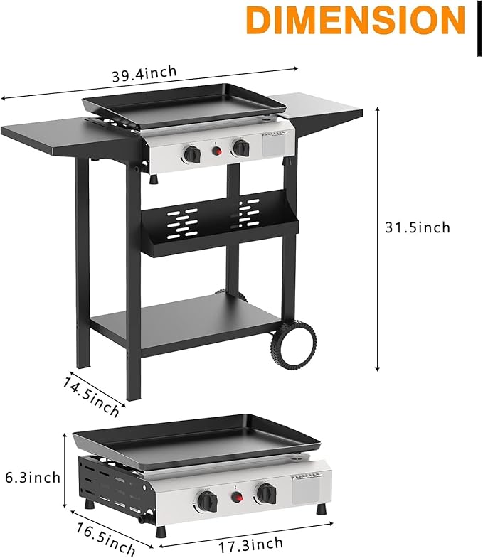 2 Burner BBQ Gas Griddle, 17.3 Inch Stainless Steel Portable Detachable Propane Griddle, 20,000 BTU Flat Top Barbecue Grill for Camping