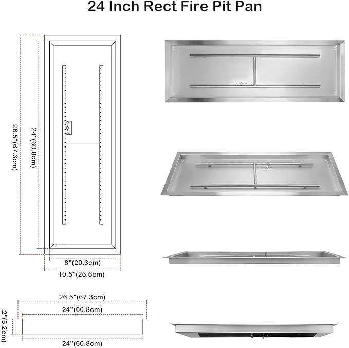 Stanbroil 24 x 8 Inch Rectangular Drop-in Gas Fire Pit with Spark Ignition Kit, 304 SS, Propane Gas Version, 90,000 BTU’s Max