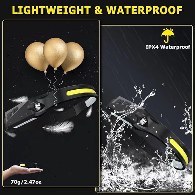 Rechargeable Headlamp 5PCS, 230° Wide Beam Head Lamp, Motion Sensor LED Headlamp Flashlight, 5Mode Headlamps for Adults, Bright Head Lights for Forehead, Hard Hat Headlight