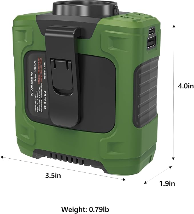 AMKEN Waist Fan - 3-Speed Clip-On Belt Fan, 16000RPM Strong Airflow, 24H Rechargeable Battery (10000mAh), LED SOS & Red-blue Light - Portable Cooling for Jobsite, Camping, Fishing, Outdoor