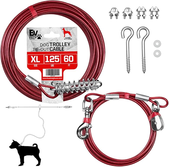 BV Dog Tie Out Trolley System for Yard - 60ft Dog Run Cable with 10ft Pulley Runner Lead - Heavy Duty Reflective Cable for Dogs up to 125 lbs, Rust-Resistant & Tangle-Free Outdoor Runner