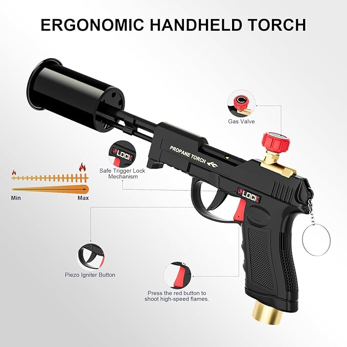 TONYFUL Powerful Propane Torch Grill Gun, Sous Vide, Adjustable Flamethrower Fire Gun with Safety Lock, Charcoal Torch Campfire Starter, Cooking Torch for Searing Steak & BBQ(Tank Not Included)
