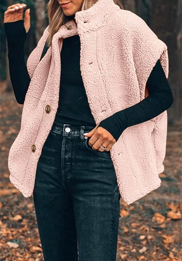 Hongqizo Womens Fuzzy Fleece Vest Casual Oversized Warm Button Down Sherpa Vest Jacket with Pockets