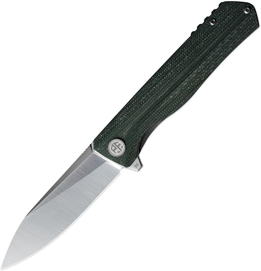 Petrified fish PF818 Folding Knife,3.54" D2 Steel Satin Blade,104g Micarta Handle Pocket Folding Knife (Green, Micarta)