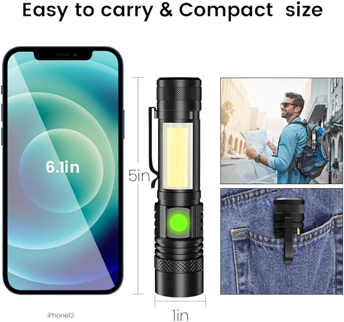 Rechargeable Flashlight, Magnetic LED Flashlight 【Battery Not Included】with COB Work Light, Pocket Tactical Flashlights with 6 Modes,1000 Lumens Super Bright,Waterproof,Zoomable,for Camping,Emergency