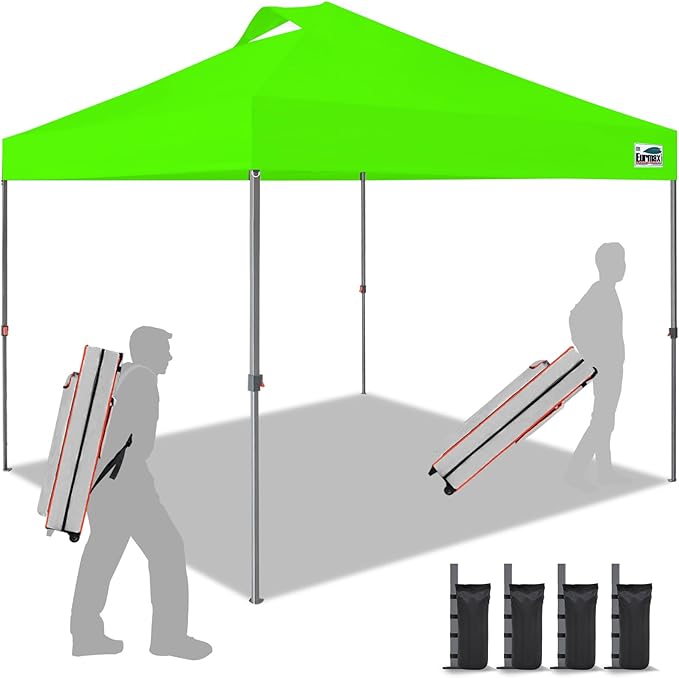 Eurmax USA NOMATTER ONE-Person Open&Close 10x10ft Pop Up Canopy Tent,Portable Shelter Canopy for Outdoor Events,Instant Canopies, Temporary Sunshade,Bonus 4 Sand Bags(Hi-Vis Green)
