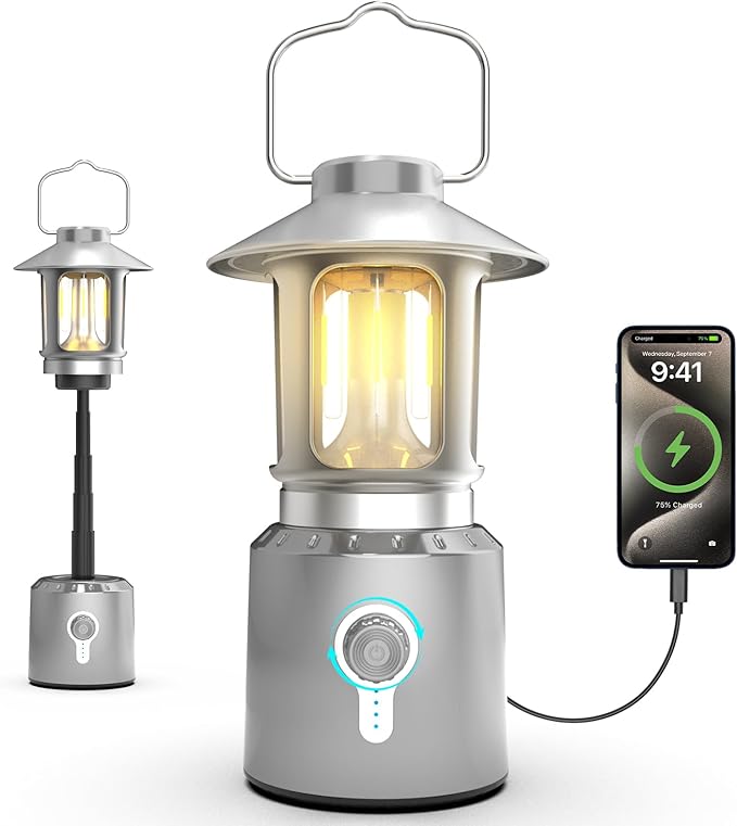 Rechargeable Camping Lantern 8000mAh, Telescoping Lighting Camping Light, 3 Light Modes Hanging Vintage Lantern, Portable Waterproof Tent Light for Hiking, Power Outages, Emergency (Silver)