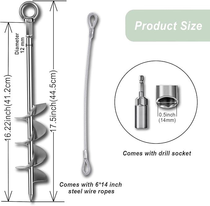 18 inch Fully Welded Ground Anchor Screw in Heavy Duty Earth Anchors Set for Mobile Home, Swing, Trampoline Tent Anchors Wind Resistant Tree Stakes and Supports with Drill Socket, 6 Pack