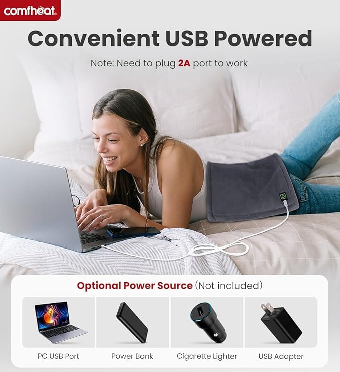 USB Heating Pad for Travel Warmth Outdoors, Non-Rechargeable Small Heated Pad 5V Heat Therapy for Pain Relief Abdomen Cramps, 3 Heat Settings & Auto Shut Off (16"x 12") Grey