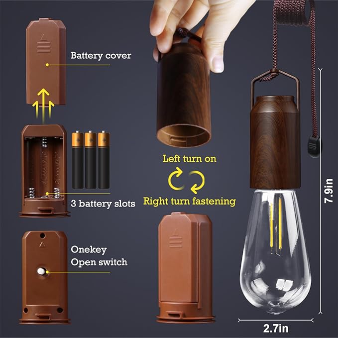 2 Pack Battery Operated Hanging Tent Light Bulb,Portable Outdoor Vintage LED Camping Light,Hurricane Pendant Emergency Lighting Lantern for Hiking Backpacking Fishing Outage Power Failure