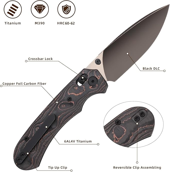 Folding Pocket Knife,3.31” M390 Blade,Erogonomic Titanium Handle,Hunting Survival Knife,EDC Knife for Hunting Camping Survival Outdoor Fishing Hiking(Black&Brown)
