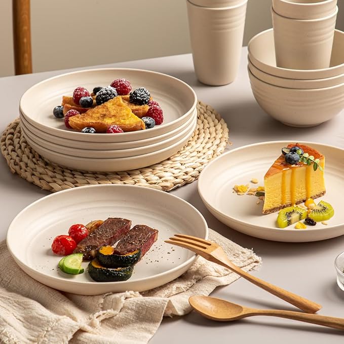 18PCS Wheat Straw Dinnerware Sets Unbreakable Dinnerware Set Lightweight Dish Set Cups Plates and Bowls Set Microwave and Dishwasher Safe Dishware Sets