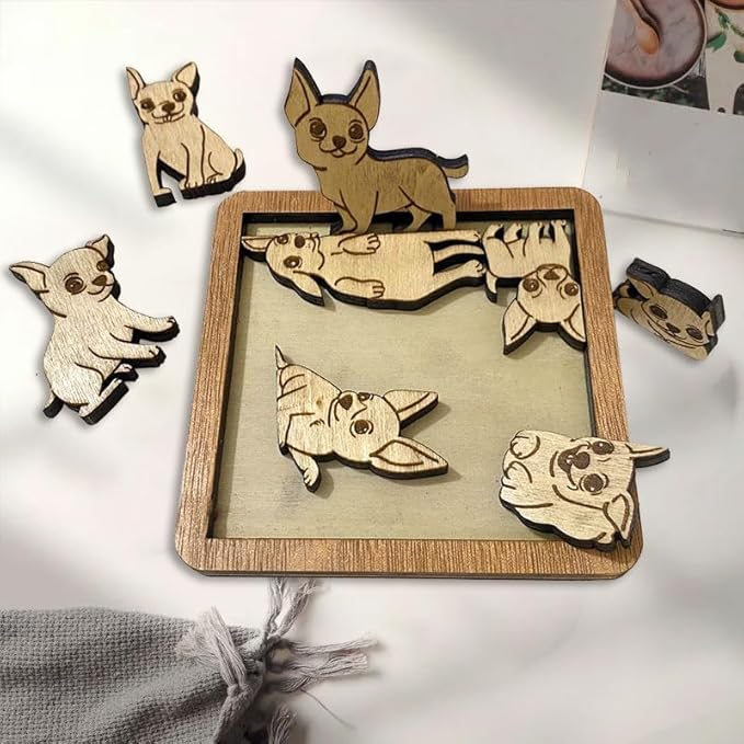 02 Chihuahua Dog Puzzle Coaster - Chihuahua Dog Puzzle Wooden Coaster Set - Interlocking Jigsaw Drink Mats with Laser-Cut Design for Chihuahua Lovers