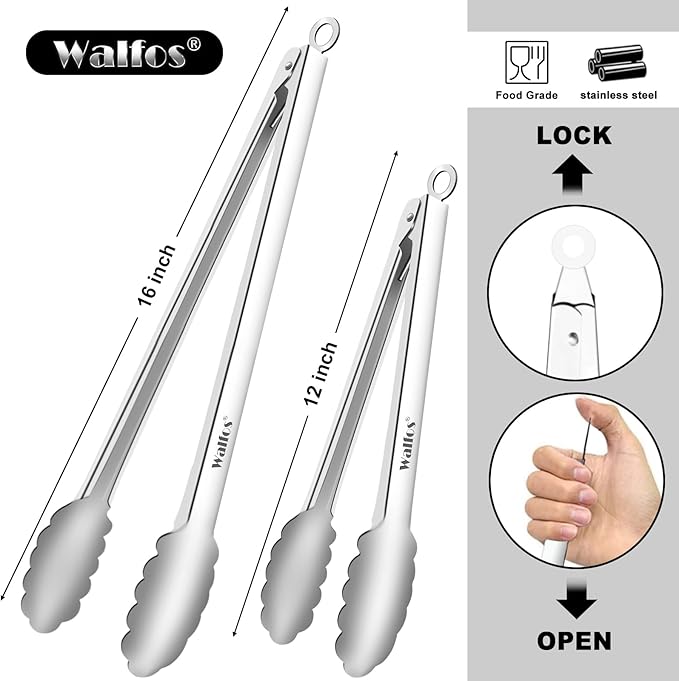Tong for cooking, Walfos kitchen tongs set of 2 - Heat Resistant 600℉, Heavy Duty Locking Metal cooking Tongs, Stainless Steel BBQ Grilling,(All Metal 12in+16in)