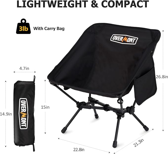 Overmont Ultralight Portable Camping Chair- Lightweight Folding Backpacking Chair, Support up to 330Lbs Compact Beach Chair for Adults with Carry Bag for Backpack Hiking Fishing Outdoor Camp Travel