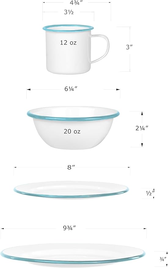 Red Co. 16-Piece Enamelware Metal Dinnerware Set for 4, Solid White/Teal Rim