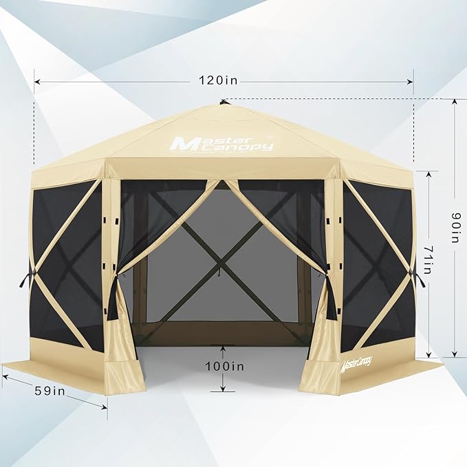 MASTERCANOPY 10x10FT Pop Up Gazebo Screen Tent - Instant Screen House with Netting, Quick Set, Outdoor Canopy Shelter with Carry Bag for Camping, Backyard & Patio (Beige)