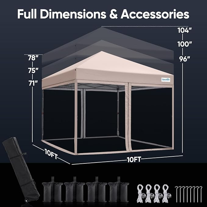 Quictent 10'x10’ Pop up Screened Canopy Tent with Mosquito Netting, Portable Easy up Outdoor Screen House Shelter Fully Sealed for Patio, Camping and Picnic, Includes Wheeled Carry Bag (Tan)