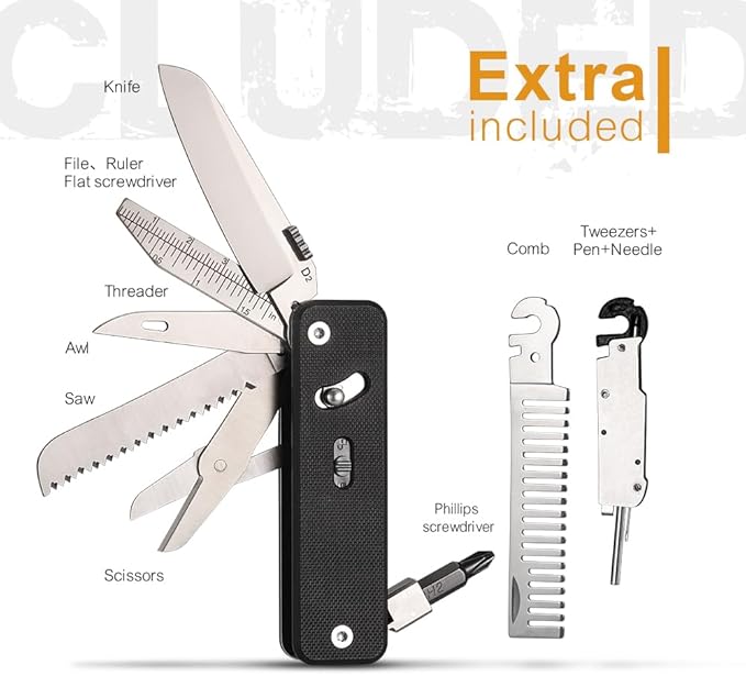 ROXON S503G 9 in 1 Mini Multi Tool EDC Pocket Knife Multitool with G10 Handle,Scissors,Screwdriver,Threader,Awl, Flat Screwdriver,Ruler,Tweezers for Outdoors Fishing Camping,Gifts for Men