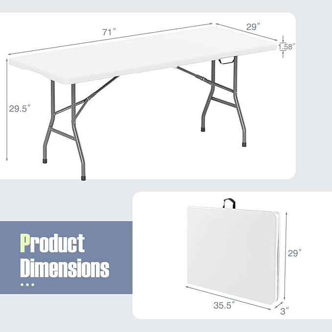 Goplus 6ft Plastic Folding Table, 350 LBS Outdoor Heavy Duty Folding Tables with HDPE Tabletop, Handle, Lock, Foldable Rectangle Portable Utility Card Table for Picnic, Party, Camping, Dining