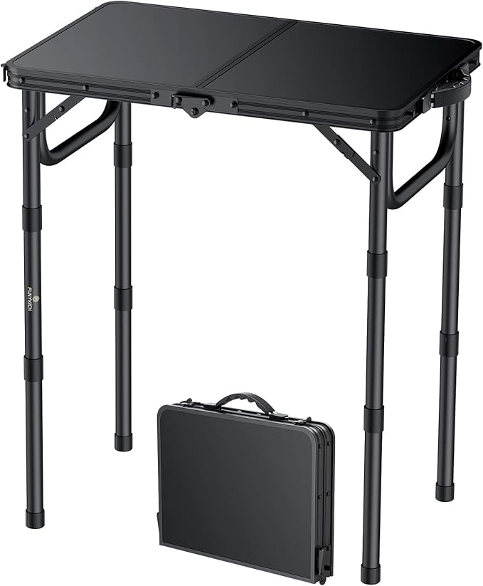 FUNYKICH 2ft Small Folding Camping Table(22.8'' Lx15.7'' W), 3 Height Adjustable Portable Picnic Table, Lightweight Aluminum Outdoor Table with Carry Handle for Camping, Beach, Picnic, Party, Black