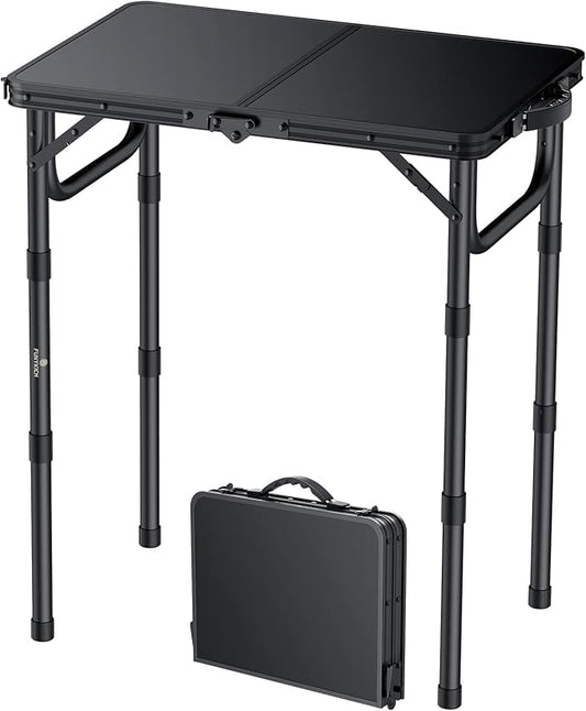 FUNYKICH 2ft Small Folding Camping Table(22.8'' Lx15.7'' W), 3 Height Adjustable Portable Picnic Table, Lightweight Aluminum Outdoor Table with Carry Handle for Camping, Beach, Picnic, Party, Black